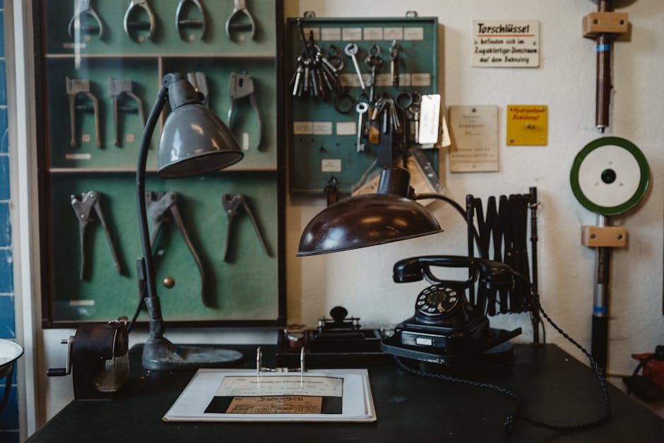 A nostalgic vintage workshop desk featuring classic tools, an old lamp, and a rotary phone, evoking a bygone era.